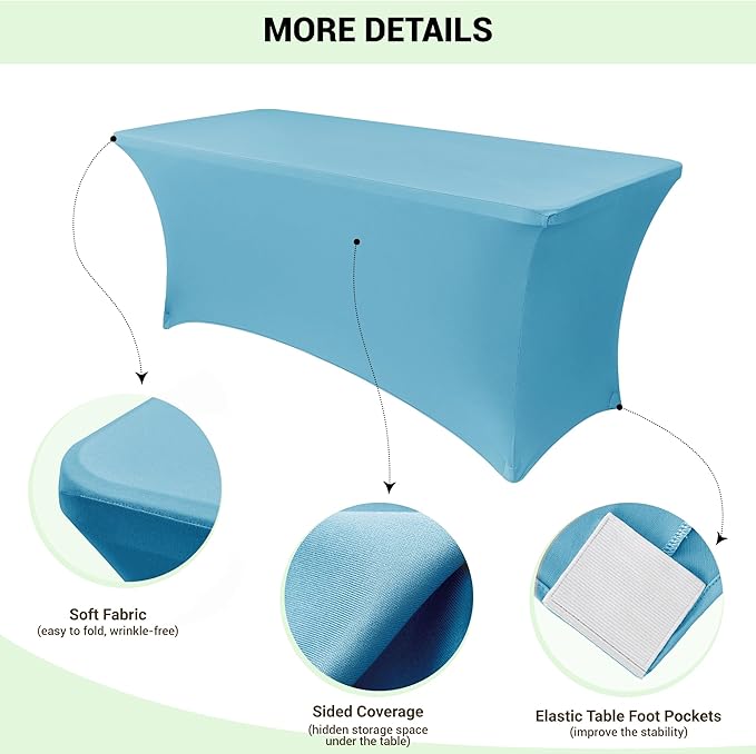 Obstal 8Ft Stretch Spandex Table Cover for Standard Folding Tables - 2 Pack Universal Rectangular Fitted Tablecloth for Party, Banquet, Events, Trade Show (Light Blue, 96L x 30W x 30H Inches)