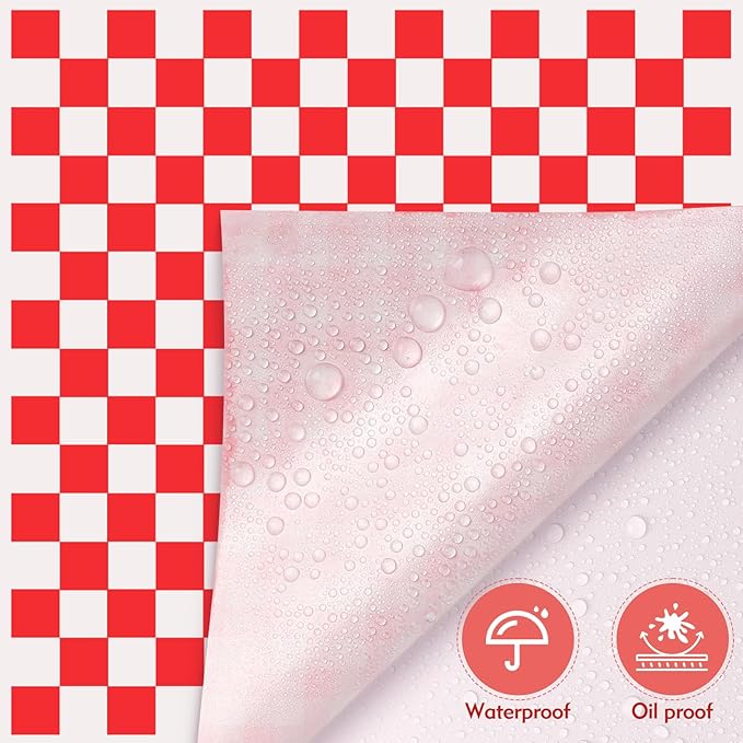 100pcs Waxed Deli Paper Sheets, 7x7" Food Basket Liners for Sandwiches, Burgers. Classic Checkered Deli Wrap Wax Paper Sheets by Neyimqr (Red)