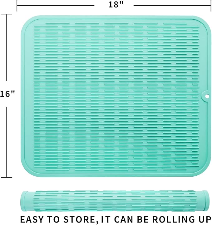 MicoYang Silicone Dish Drying Mat for Multiple Usage,Easy clean,Eco-friendly,Heat-resistant Silicone Mat for Kitchen Counter or Sink,Refrigerator or Drawer Liner Mint XL 18 inches x 16 inches
