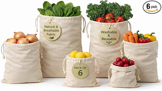 100% Reusable Cotton Produce & Bread Storage Bags, Pack of 6 (2 L, 2 M, 2 S), Breathable Muslin, Vegetable, Fruit Bags with Drawstring | Eco-Friendly Fridge & Kitchen Storage | Reusable, Eco-Friendly | Pure Cotton Material