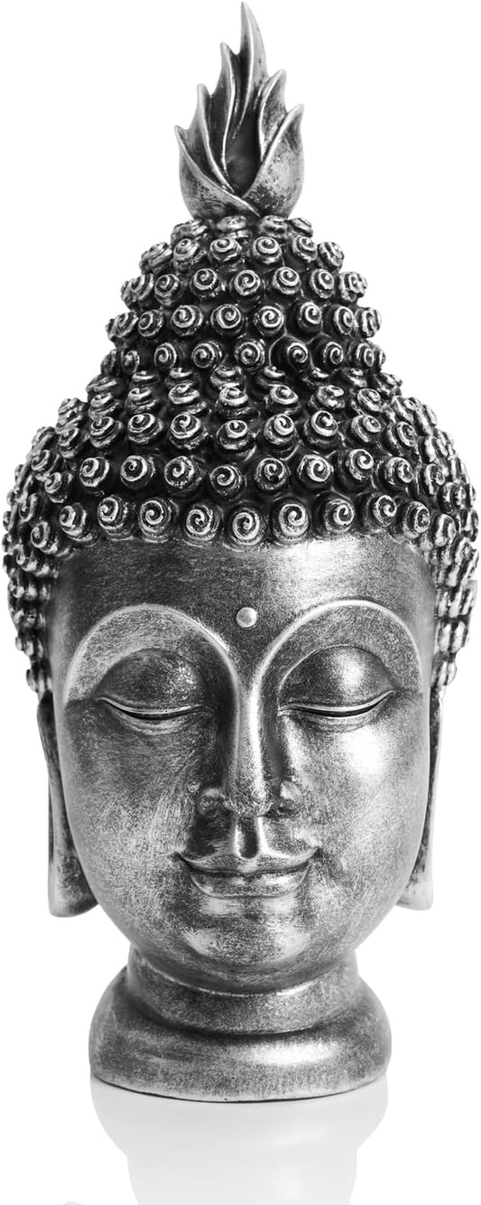 Buddha Head Statue Zen Meditation Decoration, 11 inch Resin Antique Silver Buddha Head Statue for Buddhist Spiritual Altar Decoration Buddhism Gifts