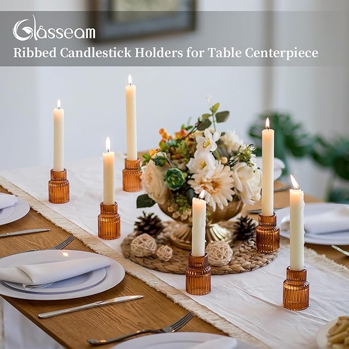 Glasseam Glass Candle Holder for Candlesticks: 20PCS Amber Candle Holders for Taper Candles Small Fall Candle Stick Holders Bulk for Table Wedding Centerpiece Christmas Halloween Living Room Decor