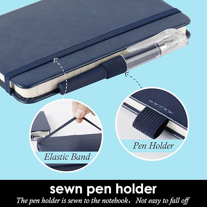 Pocket Notebook Journals, 3 Pack Mini Small Notebooks for Work, Leather Cover Notepad with 3 pens, Elastic Closure, Blue