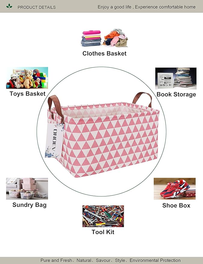 Rectangular Fabric Storage Box, Decorative Basket and Finishing Basket with Handle are Used for The Storage of Clothes, Books and Sundries (Pink Triangle) 1