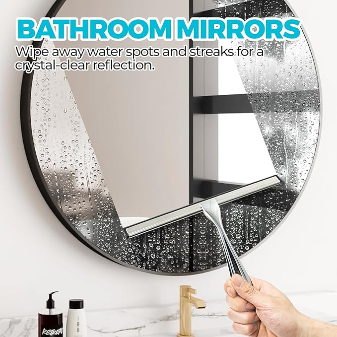 ALFLOD 2PACK 12-Inch All-Purpose Shower Squeegee for Shower Doors, Tile Shower Walls, Bathroom, Window, Glass and Car Windshield, Mirrors and Kitchen-Stainless Steel, Silver