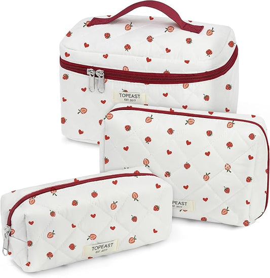 TOPEAST Christmas Gifts for Women Girls - 3Pcs Makeup Bag Large Cotton Travel Make Up Organizer, Quilted Toiletry Pouch Portable Cosmetic Bags with Compartment, Strawberry