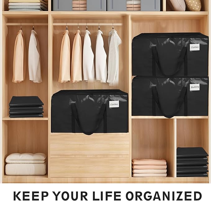 8 Pack-Extra Large Heavy Duty Moving Bags - Waterproof Storage Totes with Handles & Zippers, Foldable for College Dorm, Storage (Black)
