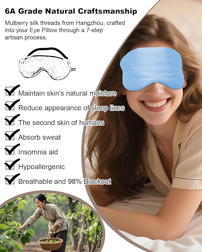 Sleep Mask 22 Momme Mulberry Silk, Luxury Thickening Eye Pillow for Optimal Eye Comfort (Blue)