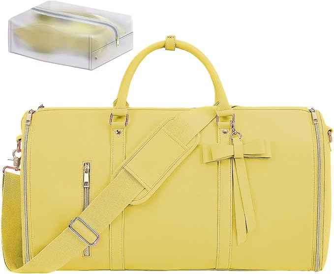 Garment Bags for Travel, Convertible Suit Travel Bag for Women, Stylish Carry On Garment Bag with Toiletry Pocket, Shoulder Strap and Shoes Compartment, 2 in 1 Foldable PU Leather Duffle Bag, Yellow