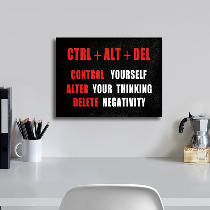 Pyradecor Black Red and White Motivational CTRL+ALT+DEL Classroom Positive Quotes Inspirational Poster Canvas Prints Wall Art for Office Living Room Home Decorations