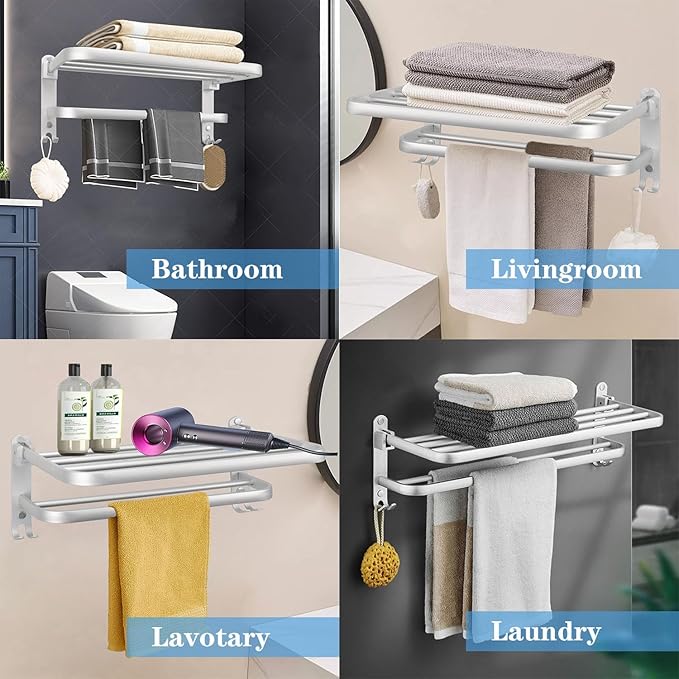 Towel Rack for Bathroom, Bath Towel Holder with Double Towel Bar and Fold-able Towel Shelf, Rustproof Towel Organizer Wall Mounted Towel Storage Hanger for Bath/Balcony/Lavatory(16In Sliver)