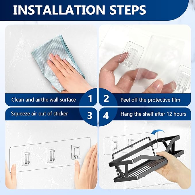 14 Pack Shower Caddy Adhesive Replacement, Strong Waterproof Strips, No Drilling Flat Hooks for Bathroom Storage Shelves and Kitchen Racks (Clear 3 Hooks & 2 Hooks & 1 Hook)