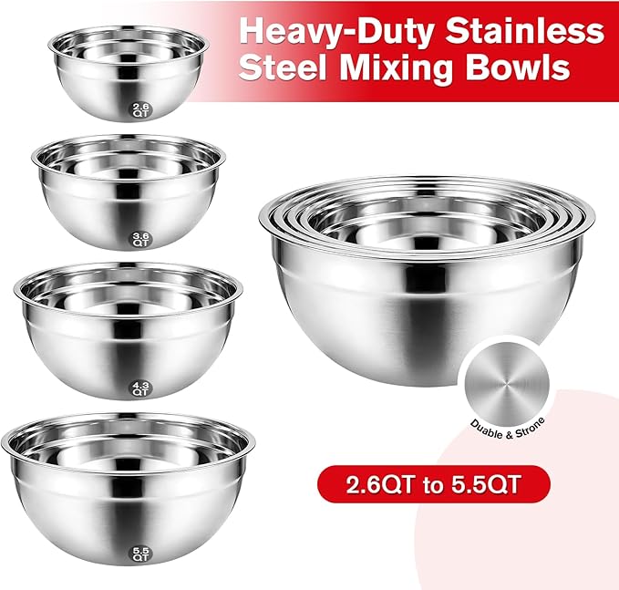 Showvigor Electric Hand Mixer with Stainless Steel Mixing Bowl Set –7 Speeds Turbo-Boost Hand Mixer with Large Mixing Bowls, Measuring Cups, Spoons & Silicone Spatula for Kitchen Cakes Eggs Baking