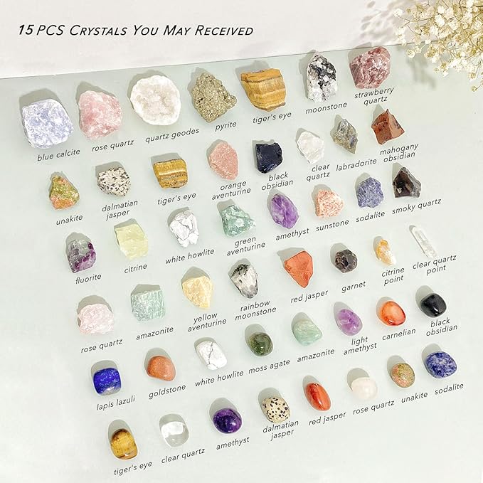 15 Pcs Mystery Crystals and Healing Stones, Natural Healing Crystals Surprise Gift Set for Meditation, Reiki, Home Decor