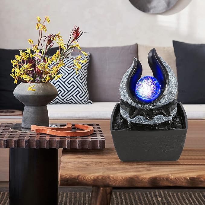WICHEMI Water Fountains Indoor Waterfall Fountain Mini Tabletop Fountain with LED Rolling Ball Water Feature Indoor Zen Meditation for Home and Office Indoor Spaces Decor (Style 1)