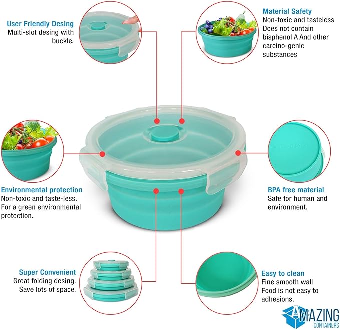 Set of 4 Silicone collapsible food storage containers with lids, Collapsible Bowls for Camping, Rv storage and organization, Rv Kitchen Accessories, BPA Free, Microwavable, Freezer, Dishwasher Safe