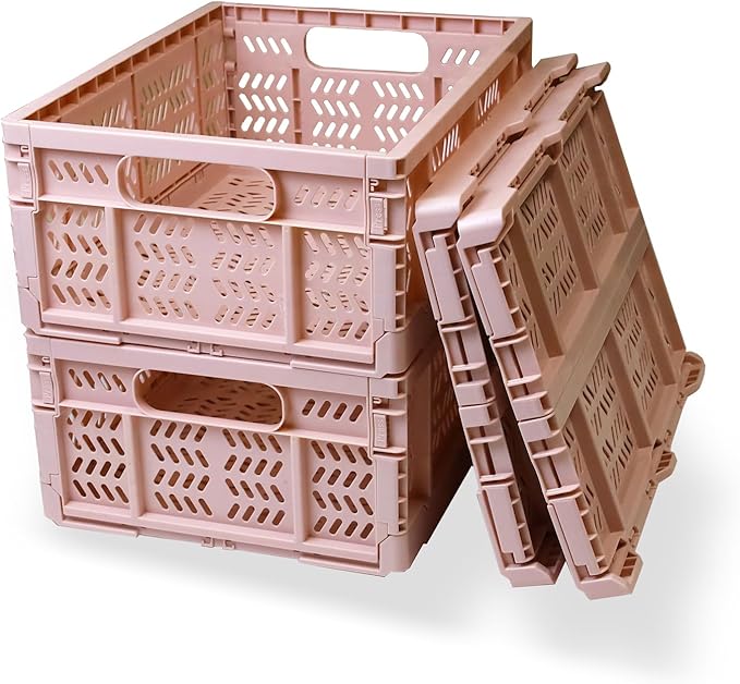 PTEREIW 20L Foldable Crates, 4Pack Plastic Baskets for Home and Office,Plastic Folding baskets,Collapsible Crates for Chrismas Gifts, Toys Storage. (Light Pink,15.7x11.8x6.3Inc)