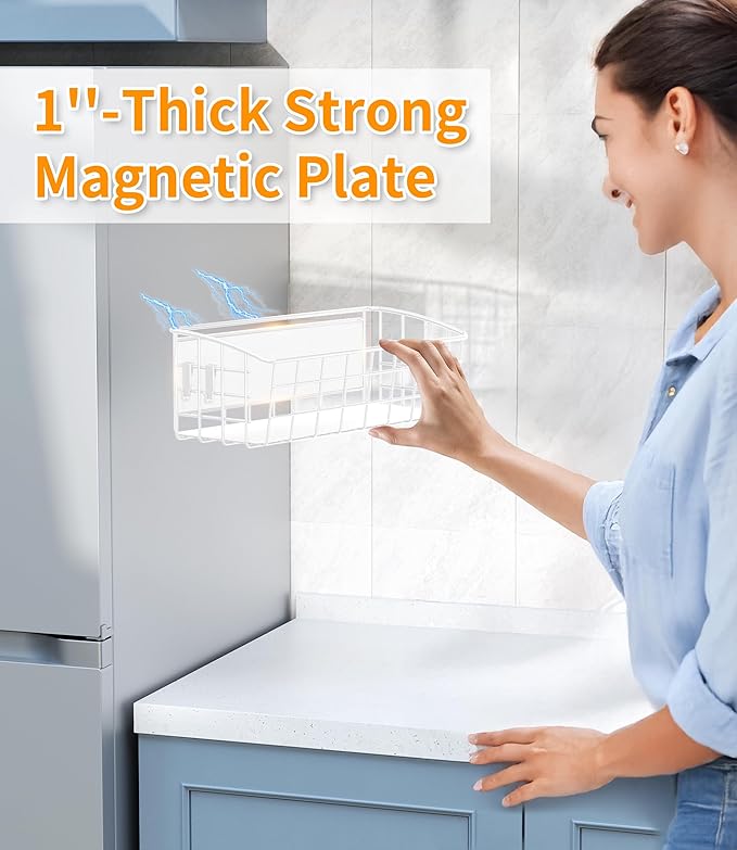 2PCS Magnetic Spice Rack for Refrigerator, Versatile Magnetic Shelf Organizer with 2 Hooks for Kitchen Storage, Large Capacity Spice Rack for Fridge, Oven - White
