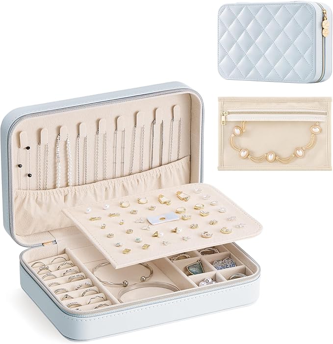 Lolalet Travel Jewelry Case for Women Girls, Travel Jewelry Organizer with Clear Storage Bag Small Portable Jewelry Box for Necklace Bracelet Earring Ring Valentine's Bridesmaid Gifts -Large/Blue