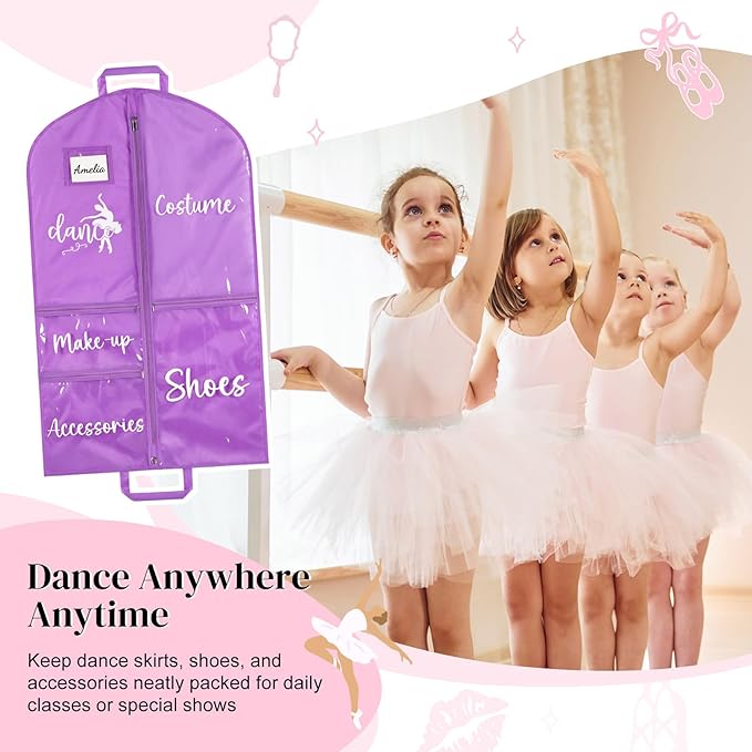 DEEKA Dance Garment Bag for Hanging Clothes with Zipper Pockets Dance Accessories Essentials Uniform Costume 40 Inch Dress Bags for Dance Competition Girls (Purple, White-Dance)