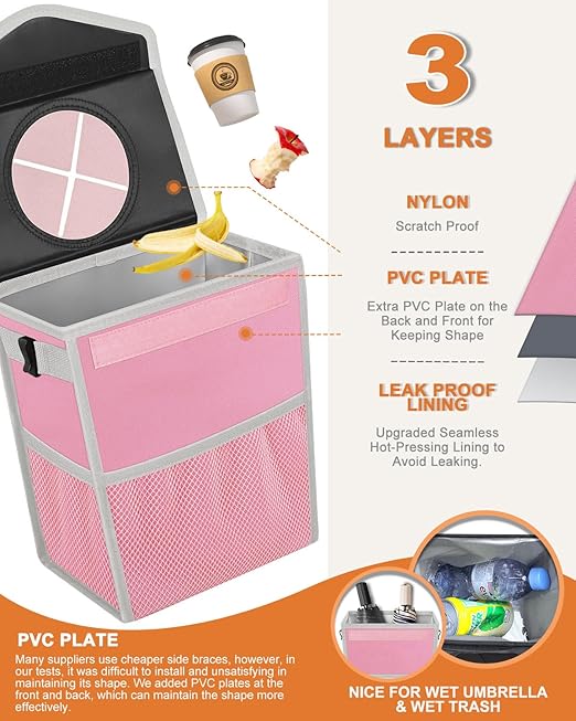 Pritent Car Trash Can with Lid, Cute Leakproof Car Trash Garbage Bag Hanging Vehicle Trash Bin Small Portable Automotive Garbage Cans Organizer for Back/Front Seat/Console(2.8 gal,Pink