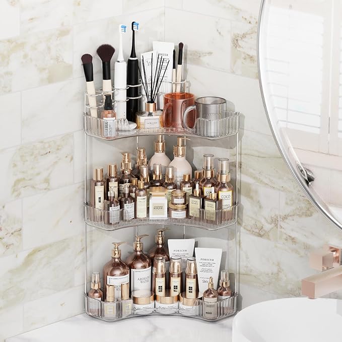 3-Tier Corner Bathroom Counter Organizer with Top Toothbrush Holders, Large Makeup Organizer Countertop with Brush Holder, Skincare Organizers Corner, Exquisite Vanity Organizer (Clear, 3 Tier)