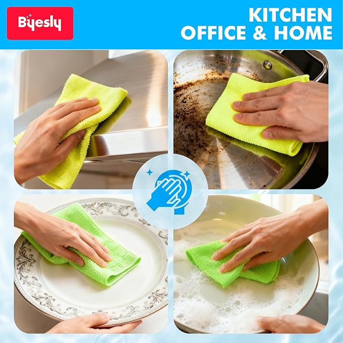 Byesly 12-Pack Microfiber Cleaning Cloth, 11.5x11.5 Microfiber Towels for Cars, Dishes & House, for Detailers, Chefs & Efficient Home | Scratch-Free, Lint-Free, Ultra Absorbent(Yellow/White/Blue)