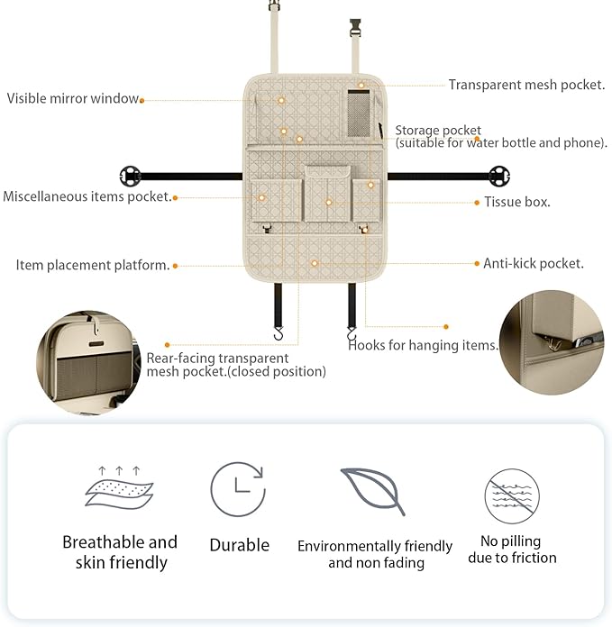 GMQ Backseat Car Organizer, Car Back Seat Organizers with Tray,Multifunctional Car Seat Back Organizer with Foldable Tablet Holder (Beige, 2 PCS)