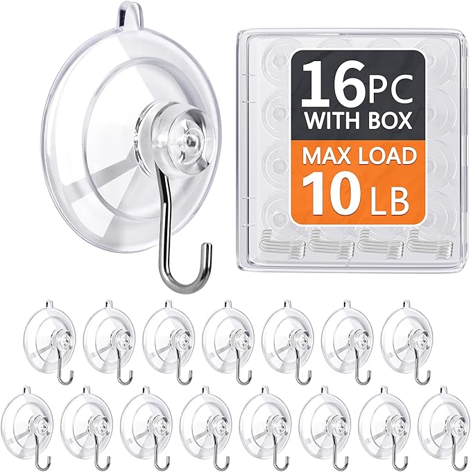 KORCCI Suction Cup Hooks 16Pack - Max Load 10LB, 1.77Inch Clear Medium Suction Cups, No Trace, Reusable & Removable, Stainless Steel Hooks, for Tile, Glass, Window, Shower, Kitchen, Bathroom