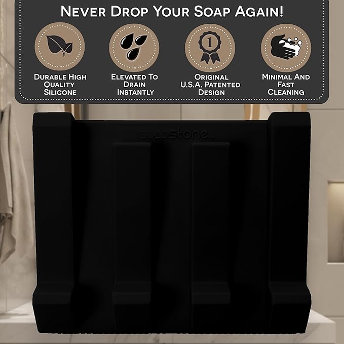 iSoapStone Silicone Soap Dish (USA Patented) Self Draining Bar Soap Holder for Shower Bathroom Sink, Drying Soap Dish Tray Sponge Holder Easy Cleaning Soap Saver Travel Accessories (Black, 1)