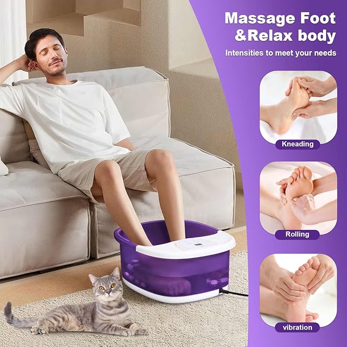 Foot Spa Bath Massager with Heat [2025 Upgraded], Vibration, Temperature Control, Jets, Bubbles and Epsom Salt, Foot Bath Soak Tub with 22 Massage Rollers, Feet Soaking Tub for Relaxation, Purple