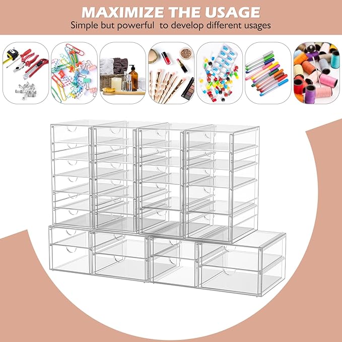 Desk Organizers And Accessories With 22 Drawers, 4 Pack Office Desktop Drawers, Plastic Makeup Organizer Containers Bins With Drawers Desk Organization, Bathroom Organizers Storage Case Box