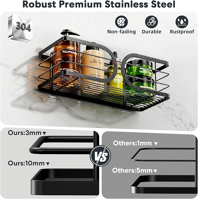 Shower Caddy 3 Pack Adhesive 304 Stainless Steel Shelves No Drill Durable Large Capacity Shower Rack Organizer Soap Holder Quick Dry Rustproof Bathroom Storage(Black)