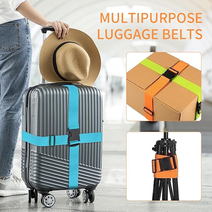BILIONE Luggage Straps, 79" Long Belts Keep Suitcase Secure While Traveling, TSA Approved Add a Bag Premium Accessory for Travel Bag Closure (Black+Blue, 4Pcs)