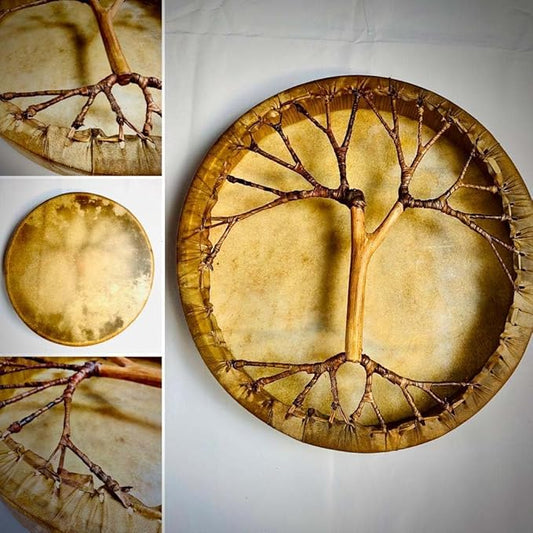 Handmade Shaman drum Frame Drum round 16" 18" 20" with goat skin Tree style on the back and handle Embrace Nature's Rhythms Authentic Native American Style Soul-Stirring Beats (18 inch)