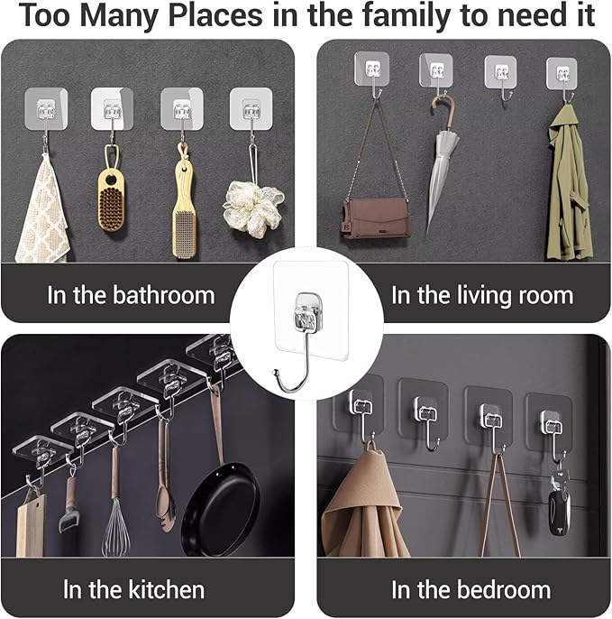 Large Adhesive Hooks, 18 Pack Hold 44lb(Max) Heavy-Duty Sticky Hooks,Waterproof & Rustproof Wall Hook for Hanging Can be Use Kitchen Bathroom Outdoor Ceiling Office, Transparent