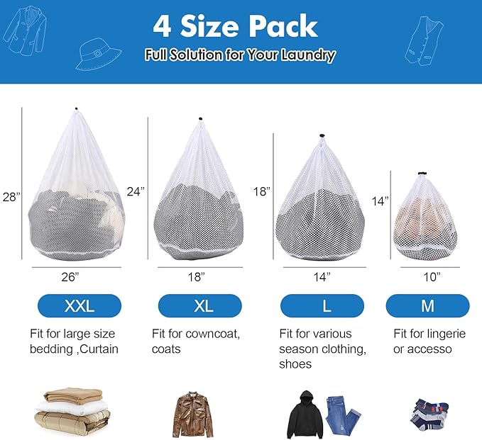 4Pcs Mesh Laundry Bags Washing Machine Mesh Wash Bags for Clothes, Underwear, Lingerie, Bed Linen with Drawstring Closure Sturdy (4 Size)