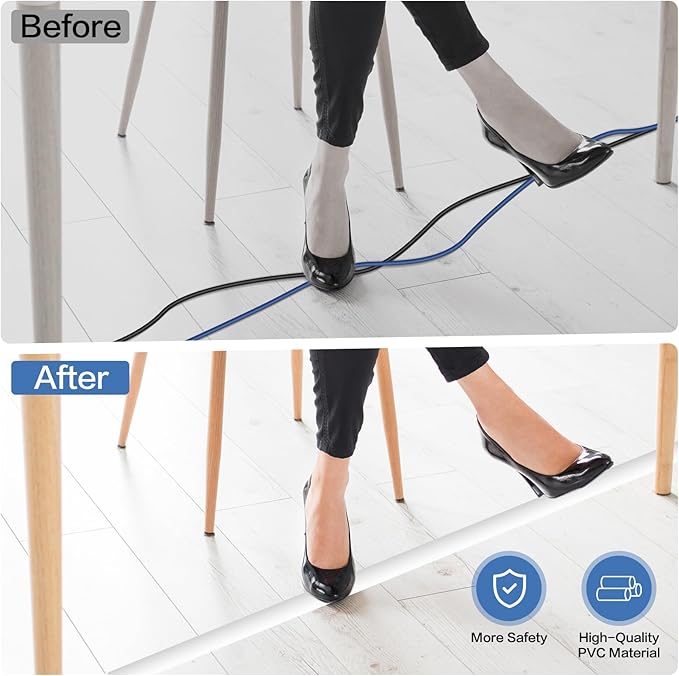 Floor Cord Cover Self Adhesive Cord Hider Floor Extension Cord Covers for Floor Power Cord Protector Cable Management Prevent Cable Trips Cable Cavity 0.59" W x 0.31" H (White, 20Ft)