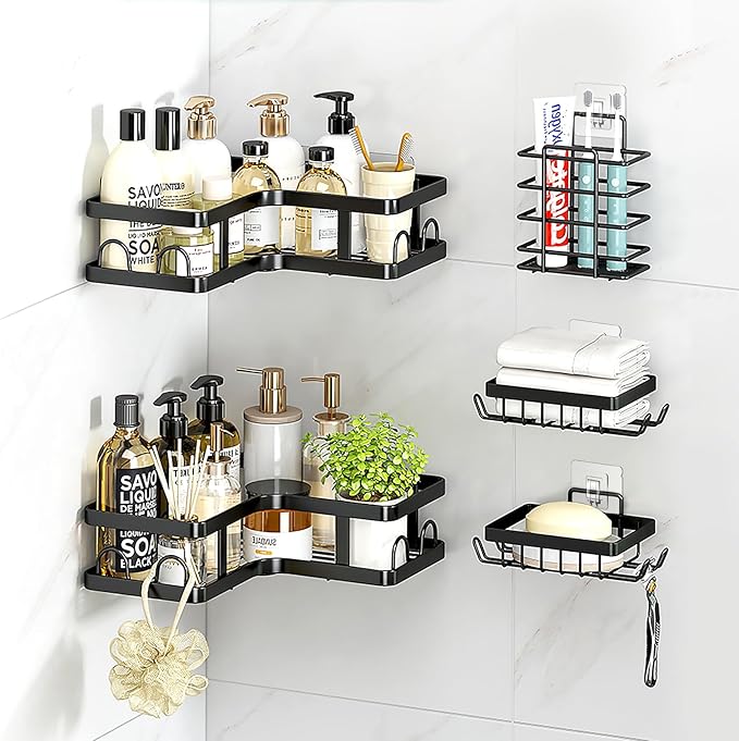 14 Pack Shower Caddy Adhesive Replacement, Strong Waterproof Strips, No Drilling Flat Hooks for Bathroom Storage Shelves and Kitchen Racks (Clear 3 Hooks & 2 Hooks & 1 Hook)