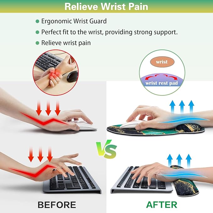 Mouse Pad Green with Wrist Rest Set, 3-in-1 Wrist Support Mousepad Set, Gaming Mat Pad with Anti-Skid Base, Ergonomic Mouse Pad, Memory Foam Gel Wrist Rest for Computer Keyboard