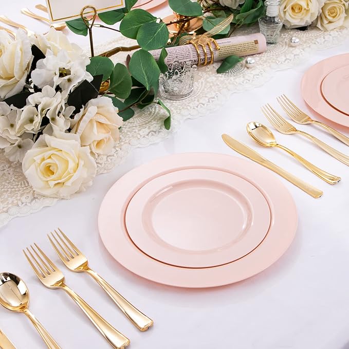 FLOWERCAT 60PCS Pink Plastic Plates - Heavy Duty Pink Disposable Plates for Easter Party & Valentine's Day/Wedding - Serving 30 Guests, Includes 30PCS 10.25inch & 30PCS 7.5inch