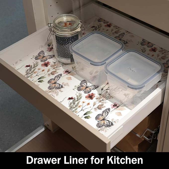 Floral Shelf Liners 16IN x 10FT Non Adhesive and Strong Non-Slip Shelf and Drawer Liners for Kitchen Cabinet Wire Fridge, Waterproof Shelf Drawer Liner,Easy to Clean