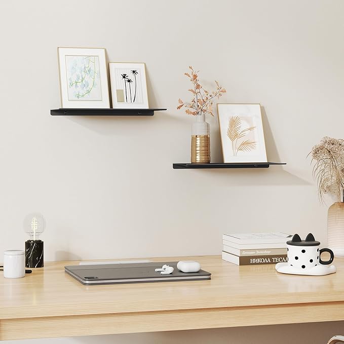 MKO 2 Pack 12" Floating Shelves for Wall, Metal Wall Mounted Shelf for Bathroom, Bedroom, Living Room, Kitchen, Little Hanging Shelves for Books/Storage/Room Decor, Black