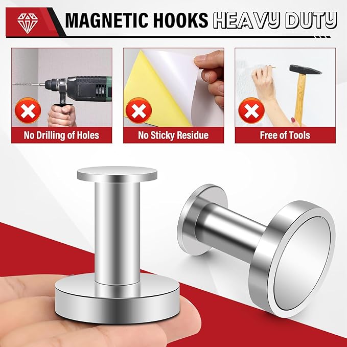 Magnetic Hooks for Cruise Cabins, Silver 150lb Extra Strong Heavy Duty Magnets, Magnetic Coat Hook, Heavy Duty Magnets for Wreath, Classroom, Hanging, Grill, Cruise Ship, Camping, 6Pcs