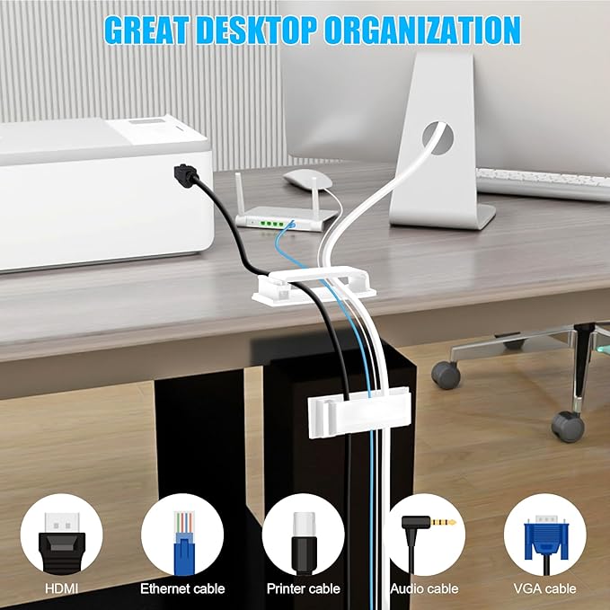 XHF 100 PCS Self Adhesive Cable Clips (Large) White, Wire Clips Cable Management Wire Organizer Cord Holder for Under Desk, Car, Wall, TV PC Ethernet Cable