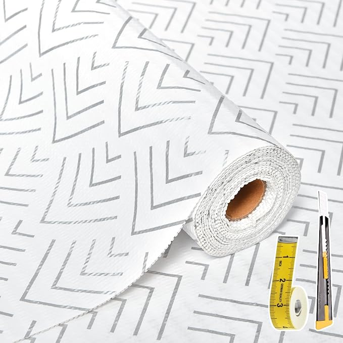 Shelf Liner for Kitchen Cabinets, Non-Adhesive Drawer Liner, Non-Slip, Thickened Shelf Liner Paper, Strong, Easy to Clean, for Toolbox Refrigerator with Knife and Tape Measure, Silver Arrow, 11.8 x 354.3 in