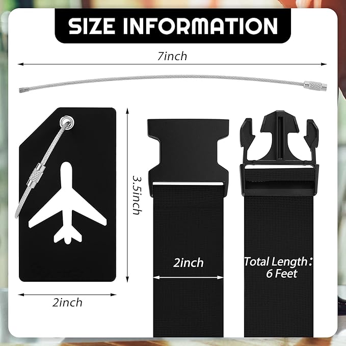 Weewooday 8 Pcs Luggage Straps Suitcase Tags Set for TSA Approved, 4 Travel Adjustable Suitcase Belt, 4 Silicone Luggage Tags with Name ID Card Travel Accessories (Black, Airplane)