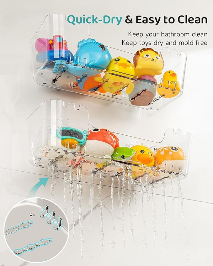 Bath Toy Storage Organizer 2 Pack, Transparent Bath Toy Holder with Drain Holes, Durable Plastic Bathtub Toy Storage for Bathroom, Quick-Dry Drainable Shower Caddy, Easy to Clean and Install