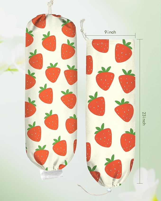 Kokaaee Plastic Bag Holder, Grocery Bag Organizer - 1 Pack Cute Kitchen Dispenser Holders Reusable Shopping Western Hanging Wall with Adjustment Drawstring Closure for Women Home, Strawberry