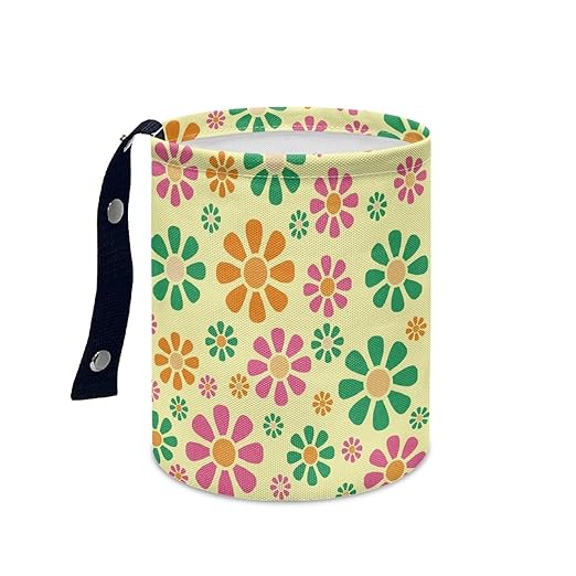 Panskyllis Colorful Hippie Flower Car Trash Bin Garbage Can Foldable Rubbish Bin Basket Bag Portable Cup Holder Organizer with Strap Universal Storage Bag Box for Fit Most Cars, SUVs, Trucks